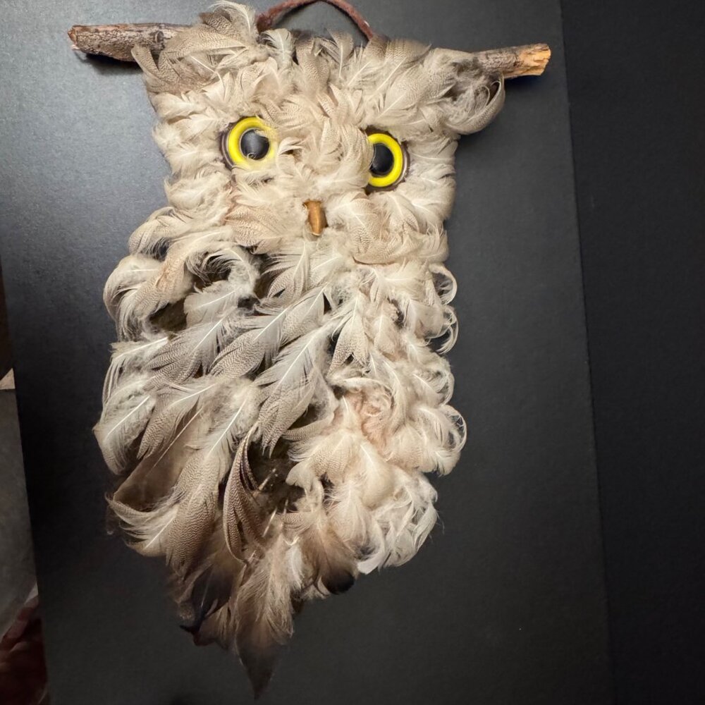 VTG Handmade Feather Owl Wall Hanging Decor With Branch Rod Rustic Nature 16" - Picture 14 of 16